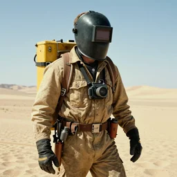 a man wearing heavy equipment and a welding mask, in the desert, action movie, Mad Max inspired, film still, arriflex 35