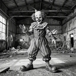 clown in abandoned warehouse by katsushika hokusai, slit - scan photography, monochrome, insanely detailed and intricate, hypermaximalist, hyper realistic, super detailed