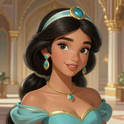 beautiful young princess jasmine, closeup, palace background, d & d, fantasy, elegant, highly detailed, digital painting, artstation, concept art, matte, sharp focus, illustration, art by artgerm and greg rutkowski and alphonse mucha