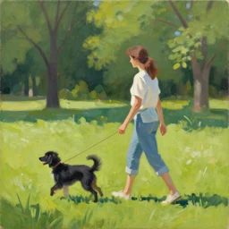 painting woman walking a dog in a park