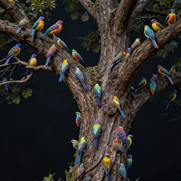 realistic photo of too many small psychedelic birds sitting on big tree, very sharp focus, dark background, in the style of greg rutswoski, very hyper realistic, highly detailed, fantasy art station