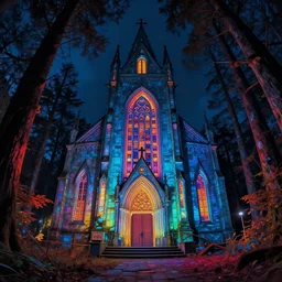 a beautiful photorealistic highly detailed chapel building architecture urbex by kazuyo sejima, at night fisheye anime magic realism retrowave thermal imaging infrared lightpaint forest darkacademia vaporwave sci - fi tron, archdaily, wallpaper, highly detailed, trending on artstation.