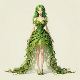 a girl with green hair, wearing a dress made of vines, Full-body plan, ultra detailed, by Tomasz Alen Kopera and Peter Mohrbacher