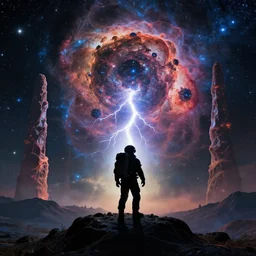 astronaut silhouette on a mountain on beautiful alien world, fractal mandelbulb lightning shooting by, pillars of creation nebula in background, starfield in background, style of Tyler Edlin, style of Tim White