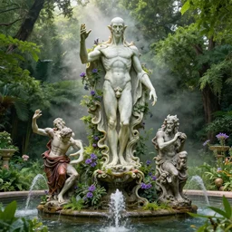 a statue of nyarlathotep and cthulhu atop a fountain in a lush dense verdant garden by albert bierstadt and mark arian and ferdinand knab and gil elvgren, statue made of flesh, lovecraft, mist, hyperrealism, volumetric lighting, god rays, ultrafine details, sfumato, purple flowers, overgrown