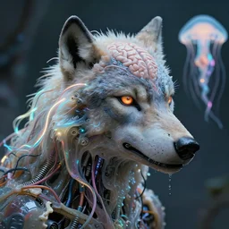 portrait of partially formed wolf head + bio life forming with a cybernetic brain and mechanical parts, luminous neon cables, draped with silicon tissue, mechanical parts, silicone and bones, wires + caustics + filmic, realistic, wet, prismatic, jellyfish + depth of field + ghost in the sheel, future, cyberanimal, cybernetic, cyborg, microscopic, toned colors