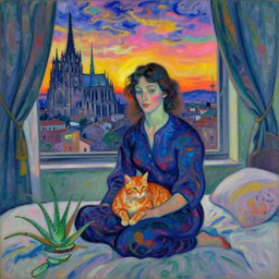 close portrait of woman sitting on the bed with orange cat and aloe vera, with city with gothic cathedral seen from a window frame with curtains. sun setting through the clouds, vivid iridescent psychedelic colors. gauguin, agnes pelton, egon schiele, henri de toulouse - lautrec, utamaro, monet