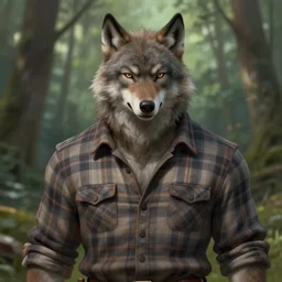 character concept portrait, friendly lumberjack werewolf style digital painting, flannel shirt, broad shoulders, forest background, highly detailed, smooth, sharp focus, illustration by ruan jia and mandy jurgens and william - adolphe bouguereau, artgerm