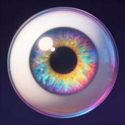 big eye with colorful big iris in 3d render glass sphere at the center 4k , psychedelic colors