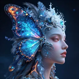 3 d goddess butterfly face profile portrait, face profile in the center, beautiful intricate highly detailed quetzalcoatl feathers. bioluminescent, plasma, ice, lava, galaxy, milk, artwork by tooth wu and wlop and beeple and greg rutkowski, 8 k trending on artstation, volumetric lighting