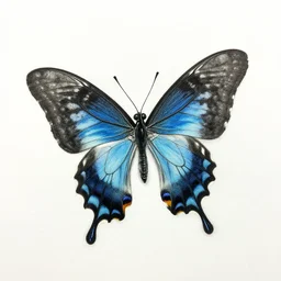 scientific pen sketch of papilio ulysses butterfly, black and blue