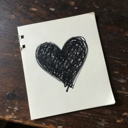 dark oil realistic painting a torn notebook paper with a scribbled heart on it, lying on a withered wooden desk