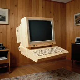 realistic photo portrait of the a computer of wood, poorly designed in style of arte povera, fluxus, dadaism, joseph beuys, ugly made, levitating in the living room wooden walls 1 9 9 0, life magazine reportage photo