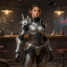 hyper detailed ultra sharp full body character portrait of a woman wearing futuristic armor standing in a destroyed dive bar, realistically proportioned face, cinematic lighting, good value control, smooth, realistic shading, realistic face details, smooth, highly detailed, digital painting, concept art, painted texture maps, illustration, art by studio fortiche, painted texture maps, substance painter, action pose