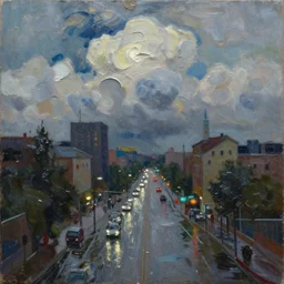 oil paint impasto reliefs, rainy city night scene, super realistic, influenced by constables cloud studies, painted with expressive paint and cumulus clouds,