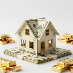 a house, under construction, made of dollars, with piles of gold around it