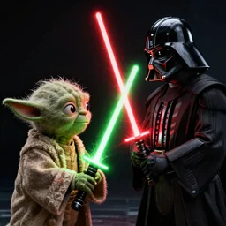 big strong Yoda from Star Wars with a green light saber looking at Vadar with a red light saber lighting strikes in-between them