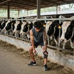a man exercising with cows as weight