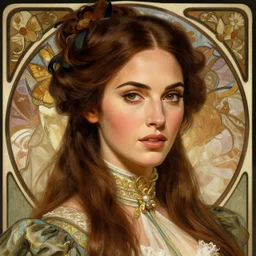 portrait of megan fox in victorian dress, 1 8 9 0, intricate, headshot, highly detailed, digital painting, artstation, concept art, sharp focus, cinematic lighting, illustration, art by artgerm and greg rutkowski, alphonse mucha, cgsociety