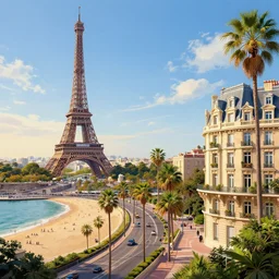 beautiful landscape of the wonderful city of paris built in california, amazing sunny weather, eiffel tower next to the beach, palm trees, splendid haussmann architecture, digital painting, highly detailed, intricate, craig mullins, greg rutkwowski, matte painting, trending on artstation