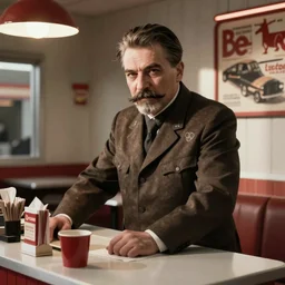 Joseph Stalin working at a fast-food restaurant