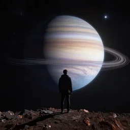 standing on neptune, looking out into the vastness of space, digital art.