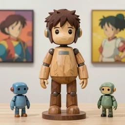 sculpture beautiful realistic character, wooden design art toys collection very cute figurine android robot, cyberpunk, photorealistic, gallery art in background, style popart, studio ghibli