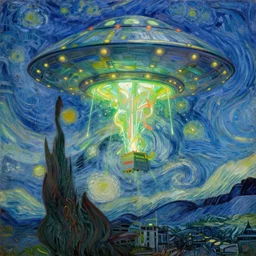 bright beautiful oil painting of flying saucer exploding buildings in new york with a glowing green light, light scatter, van gogh