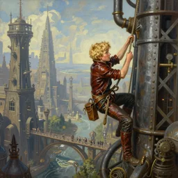 landscape painting of a blonde boy thief in leathers using a rope to climb a tall metal steampunk buildings within a fantasy city with bridges, fine details, andreas rocha, magali villeneuve, artgerm, rutkowski