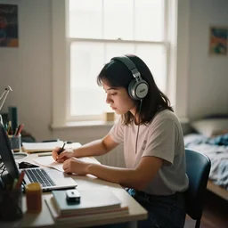 girl wearing headphones sits at a desk in her bedroom studying 5 0 mm kodak, beautiful light thorough window in the style of lofi hiphop on youtube