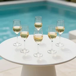5 5 mm photo of best glass of whitewineglass with juice on a zen minimalist round white table with gorgeous pool in the background. highly detailed 8 k. intricate. lifelike. soft light,