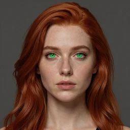 a portrait photograph of a female by Alessio Albi, beautiful full face, symmetrical face, artstation, deviantart, hyperrealism, green eyes, long red hair,a small nose