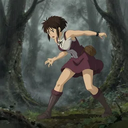 clementine from the walking dead killing zombie, creepy forest, foggy, raining dynamic pose, grey cloudy weather, in illustration concept art lotr anime key visual fine detail features gapmoe kuudere trending pixiv by victo ngai fanbox by greg rutkowski makoto shinkai takashi takeuchi studio ghibli