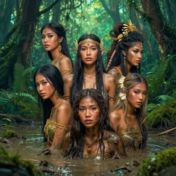 mix of beautiful dark skinned thai girl as a fairy, perfect faces, magical forest, muddy swamp, very coherent and colorful high contrast art, artstation, deviantart, digital art