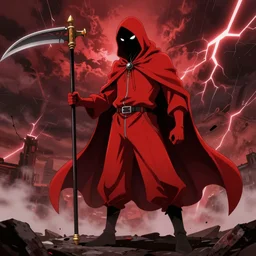 red grim reaper holding his scythe in a red thunderstorm, cel shaded, anime art style, highly detailed