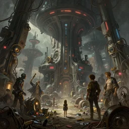 beautiful low angle painting of ab alien world with unknown structures and technolog, steampunk, wires everywhere, junk on the ground, neon lights, a tiny girl watching on, in the style of frank kelly freas, giorgio vasari, andrea pozzo, elegant, highly detailed, digital painting, artstation, cinematic lighting, extremely moody lighting, glowing light and shadow, trending on artstation, octane render
