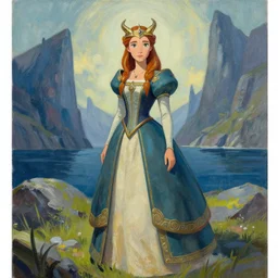 viking scifi pricess of the fjords, wearing a lovely dress. this gouache painting by the award - winning animator has an interesting color scheme and impeccable lighting.