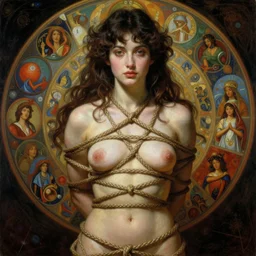 hyper realistic painting of shubari, bound, threads, ropes tighten, entanglement, detailed and perfect face, perfect and proportional body, in the style of wayne barlowe, gustav moreau, goward, gaston bussiere and roberto ferri, santiago caruso, and austin osman spare, bouguereau, mucha, saturno butto, sorayama. occult art, alchemical diagram