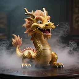 photograph of happy asian dragon in a smoke vapor filled dark table with cinematic look, volumetric lighting, dslr photo, cheeky, cheerful