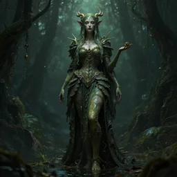 swamp queen, infinite detail, full shot, smooth, sharp focus, illustration, rembrandt lighting, dark mood, mysterious, concept art, unreal engine 5, 8 k, art by roger dean and leonardo da vinci and simon bisley