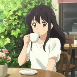 a cute young anime woman drinking coffee at a outdoor cafe, lush overgrowth, ivy, foliage, flowers, cute face by ilya kuvshinov, yoshinari yoh, kyoani, masakazu katsura, dynamic pose, gelbooru, danboor, detailed eyes, anime poster, cel shaded