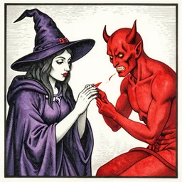 painting of witchcraft : a witch and a devil making a red nail, woodcut, line art, watercolor, 1 7 2 0. vibrant colors, highly detailed, high contrast lines.