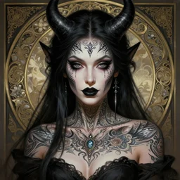 portrait of a satanic witch, tattooed face, upper body, decorated, intricate, elegant, highly detailed, digital painting, artstation, concept art, smooth, sharp focus, illustration, art by artgerm and greg rutkowski and alphonse mucha, 8 k