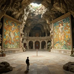 fantasy scifi scene andreas rocha and canaletto and mucha and noriyoshi ohrai of very deep cavernous sinkhole inside monastir de pedralbes large courtyard, very wide close establishing shot