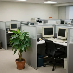 photography of a cheap boring office interior, cubicles, a potted plant, desks and old computers, copy machines in the background