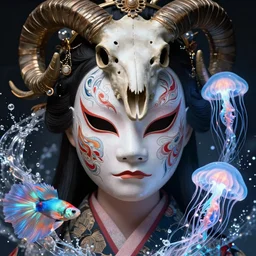 goddess macro close - up portrait with crown, ram skull. beautiful intricately detailed japanese crow kitsune mask and clasical japanese kimono. betta fish, jellyfish phoenix, bioluminescent, plasma, ice, water, wind, creature, artwork by tooth wu and wlop and beeple and greg rutkowski