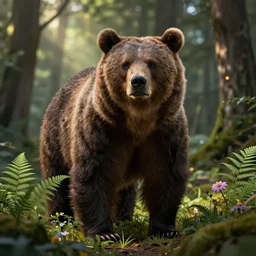 a realistic fearful bear, beautiful, proportionate, atmosphere, vibe, forest, fern, flowers, concept art illustration, color page, tone mapping, james jean, andrei riabovitchev, marc simonetti, digital illustration, greg rutowski, volumetric lighting, sunbeams, particles