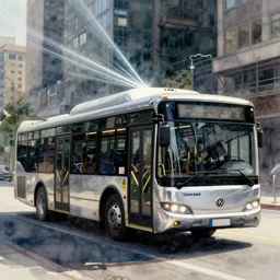 concept art of a urban bus, pinterest, artstation trending, behance, watercolor, by coby whitmore, silver, laser light,