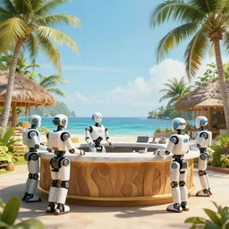 photo of a post apocalyptic tropical resort, highly detailed, robots waiting at the counter