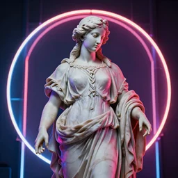 renaissance statue surrounded by neon lights, highly detailed